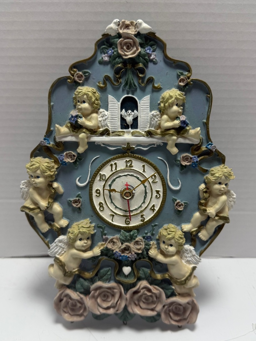 Vintage 1994 Angel Rose Cherub Chiming Clock Hanging Music Quartz Handcrafted J9